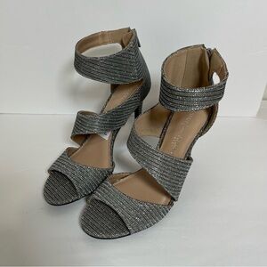 Christian Siriano Silver Sparkle Ankle Wrap Open Toe Heels